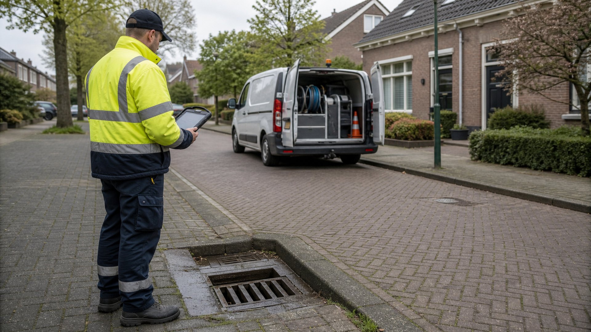 Veldmedewerker met tablet bij een kolk in een woonstraat